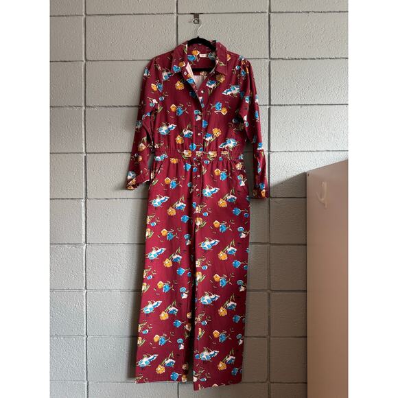 Women's Warm NY Rosie Burgundy Floral Boho Utility Workwear Boiler Suit size S - Picture 3 of 6